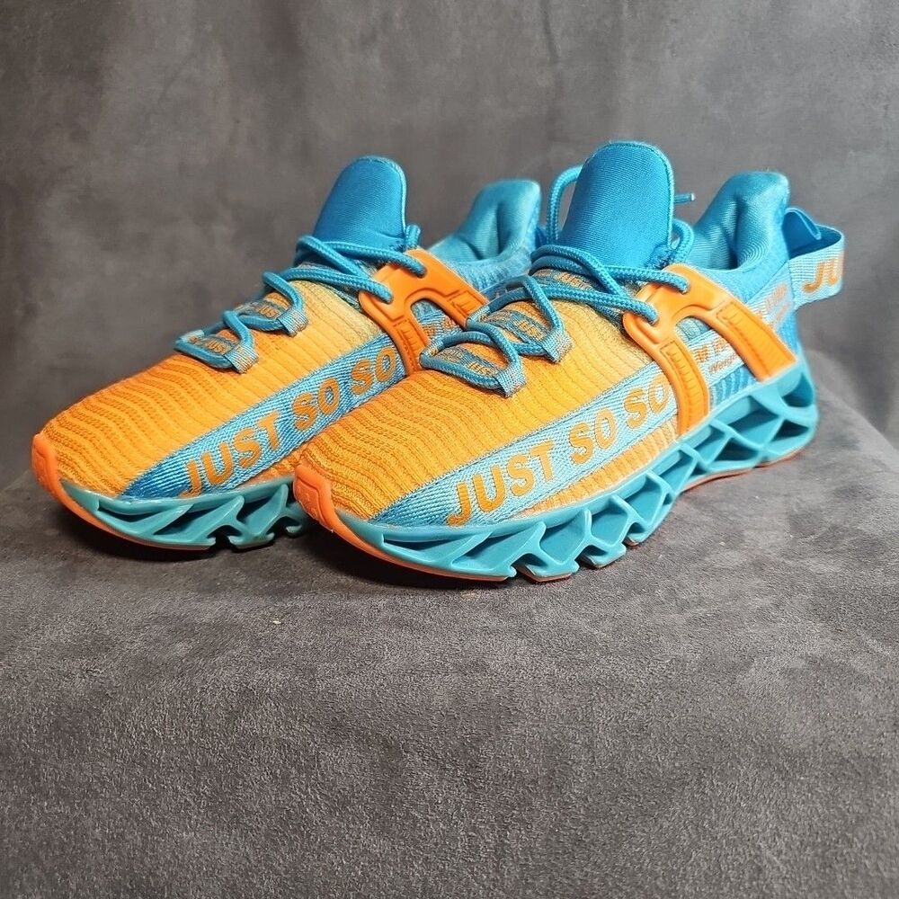 JUST SO SO Mesh Knit Athletic Running Tennis Shoes Orange Turquoise Kids Sz 32